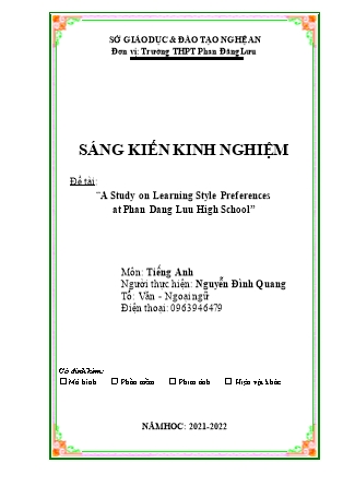 Sáng kiến kinh nghiệm A study on learning style preferences at Phan Dang Luu high school