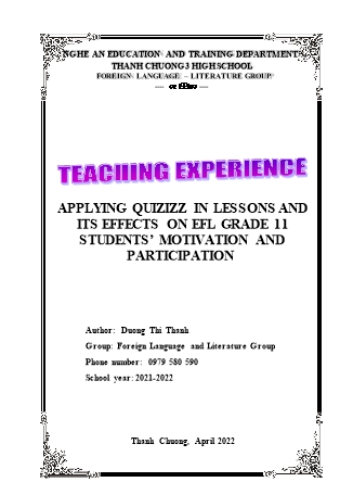 Sáng kiến kinh nghiệm Applying quizizz in lessons and its effects on efl grade 11 students’ motivation and participation