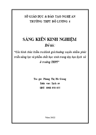 SKKN Các hình thức kiểm tra đánh giá thường xuyên nhằm phát triển năng lực và phẩm chất học sinh trong dạy học Lịch sử ở trường THPT