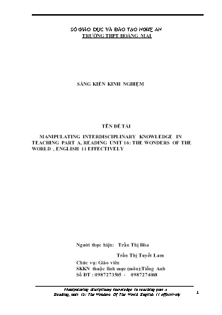 SKKN Manipulating interdisciplinary knowledge in teaching part a, reading Unit 16: The wonders of the world, English 11 effectively