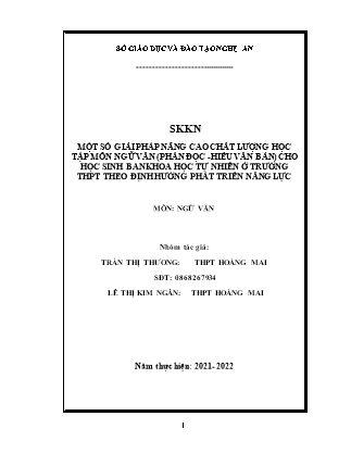 SKKN Một số giải pháp nâng cao chất lượng học tập môn Ngữ văn (phần đọc - hiểu văn bản) cho học sinh ban Khoa học tự nhiên ở trường THPT theo định hướng phát triển năng lực