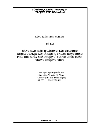 SKKN Nâng cao hiệu quả công tác giáo dục ngoài giờ lên lớp thông qua các hoạt động phối hợp giữa nhà trường với tổ chức đoàn trong trường THPT