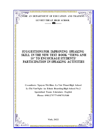 SKKN Suggestions for improving speaking skill in the new textbook “Tieng Anh 10” to encourage students’ participation in speaking activities