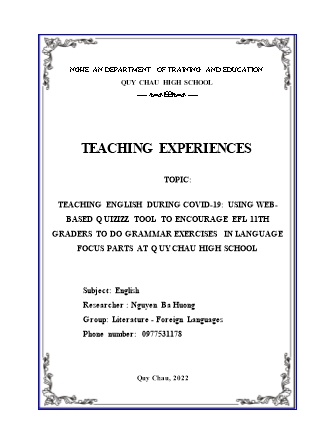 SKKN Teaching english during covid-19: Using web - Based quizizz tool to encourage efl 11th graders to do grammar exercises in language focus parts at Quy Chau high school