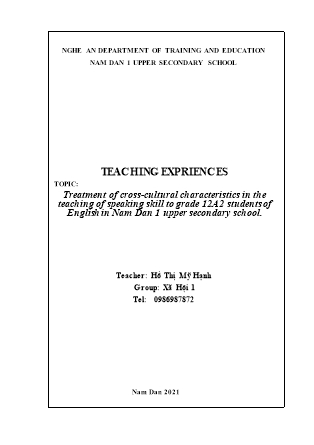 SKKN Treatment of cross-cultural characteristics in the teaching of speaking skill to grade 12A2 students of English in Nam Dan 1 upper secondary school