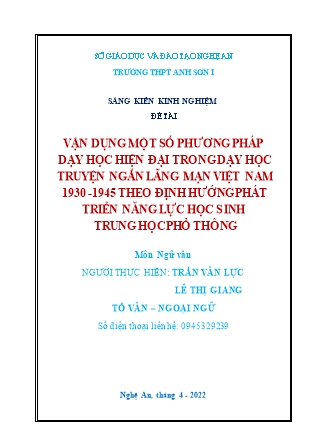 SKKN Vận dụng một số phương pháp dạy học hiện đại trong dạy học truyện ngắn lãng mạn Việt Nam 1930-1945 theo định hướng phát triển năng lực học sinh Trung học Phổ thông