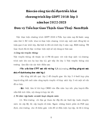 Báo cáo Công tác chỉ đạo triển khai chương trình lớp GDPT 2018 Lớp 3