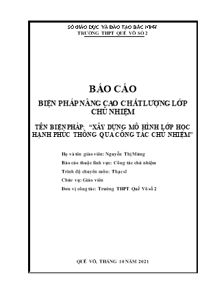 Báo cáo Xây dựng mô hình lớp học hạnh phúc thông qua công tác chủ nhiệm