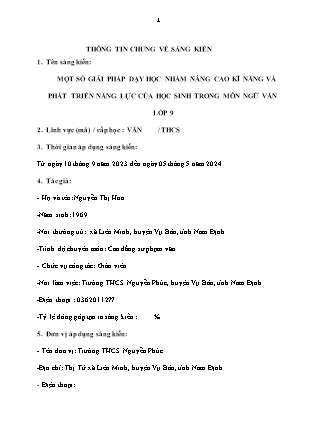 SKKN Một số giải pháp dạy học nhằm nâng cao kĩ năng và phát triển năng lực của học sinh trong môn Ngữ văn Lớp 9