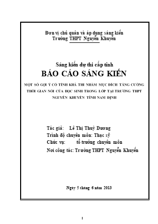 SKKN Một số gợi ý có tính khả thi nhằm mục đích tăng cường thời gian nói của học sinh trong lớp học tại trường THPT Nguyễn Khuyến, tỉnh Nam Định